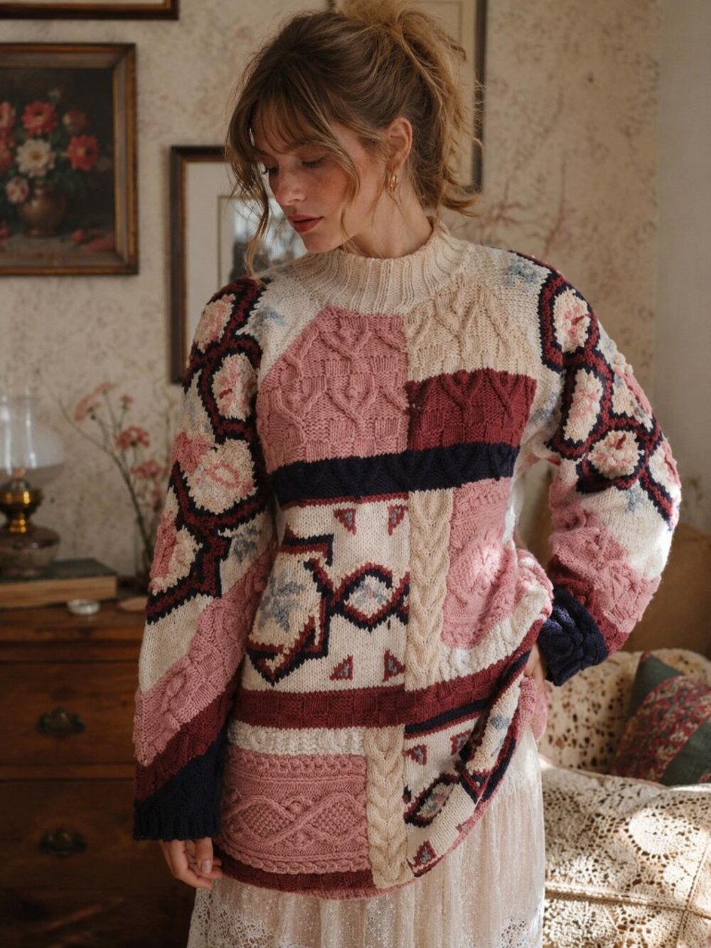 Jennifer Reed Hand Knit Patchwork Cottagecore Sweater S